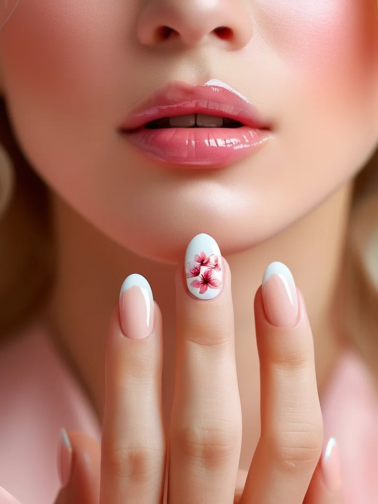 Almond-shaped nails with clear glossy white French tips. One accent nail features tiny, intricately painted watercolor cherry blossoms near the cuticle, adding an elegant floral touch for spring.