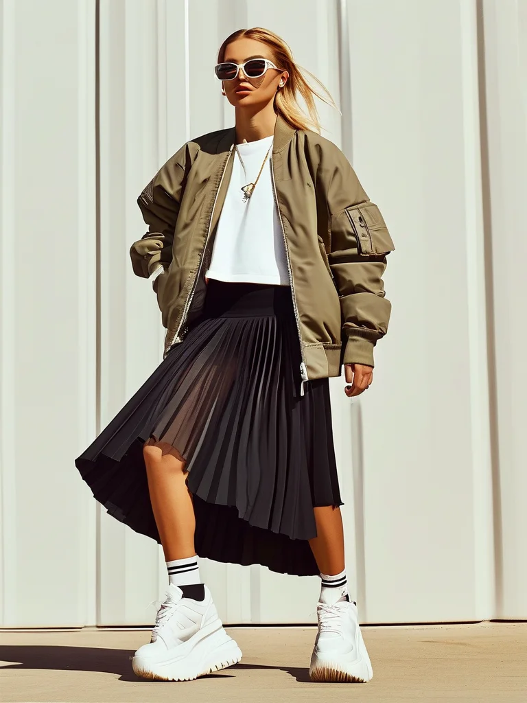 A stylish woman sports a sporty chic baseball game outfit with a black pleated skirt, graphic tee, olive bomber jacket, and platform sneakers.