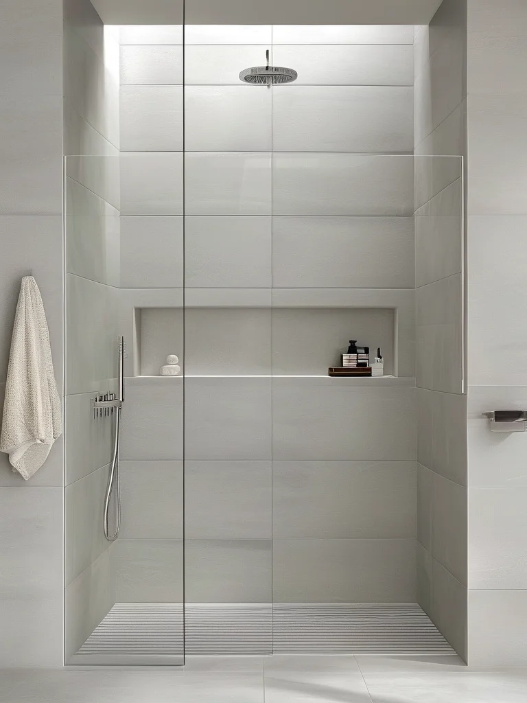 A small, elegant shower area in a compact bathroom, showcasing large-format, light grey marble-look porcelain tiles that span from floor to ceiling. A frameless glass shower door and a recessed niche contribute to the spacious and minimalist design.