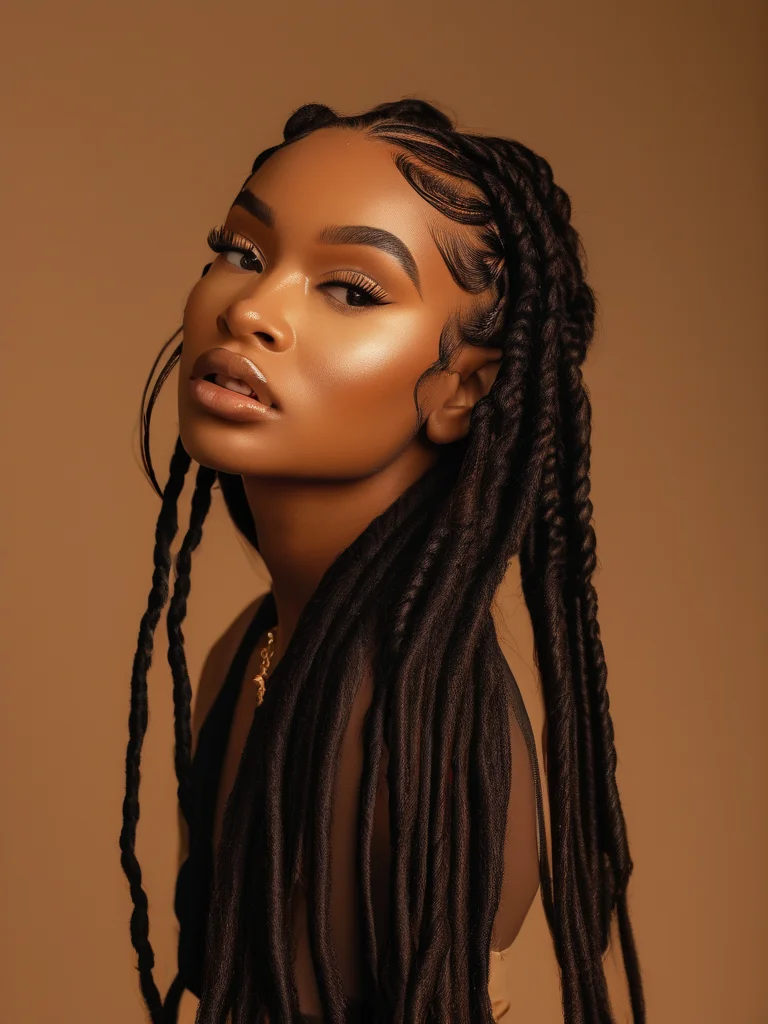20+ Stunning Goddess Braid Styles to Elevate Your Look 4 A lovely editorial portrait of a woman displaying dark brown goddess braids that beautifully transition into voluminous, soft curls. The braids are neatly done at the scalp, and the flowing curls add a dynamic, textured element, all bathed in a warm golden hour glow.