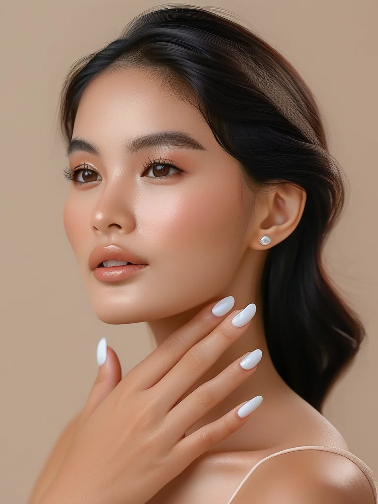 Almond-shaped nails with a dreamy milky white opaque finish and a pearlescent swirl accent nail, exuding a soft, ethereal glow.