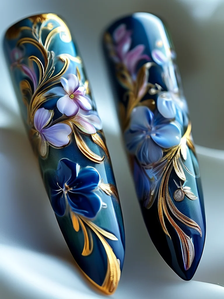 Medium-length coffin nails featuring exquisite hand-painted floral patterns in soft blues, lavenders, and greens, accented with delicate gold foil, all under a glossy finish.