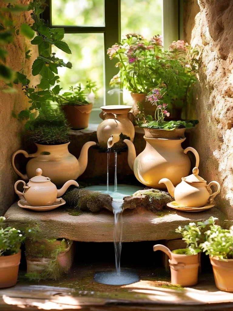 A charming DIY fountain crafted from vintage teapots and teacups, gently cascading water, sits on a rustic wooden table in a sunlit breakfast nook. The area is adorned with various potted herbs and small flowering plants, creating a whimsical and cozy indoor garden scene bathed in warm natural light.