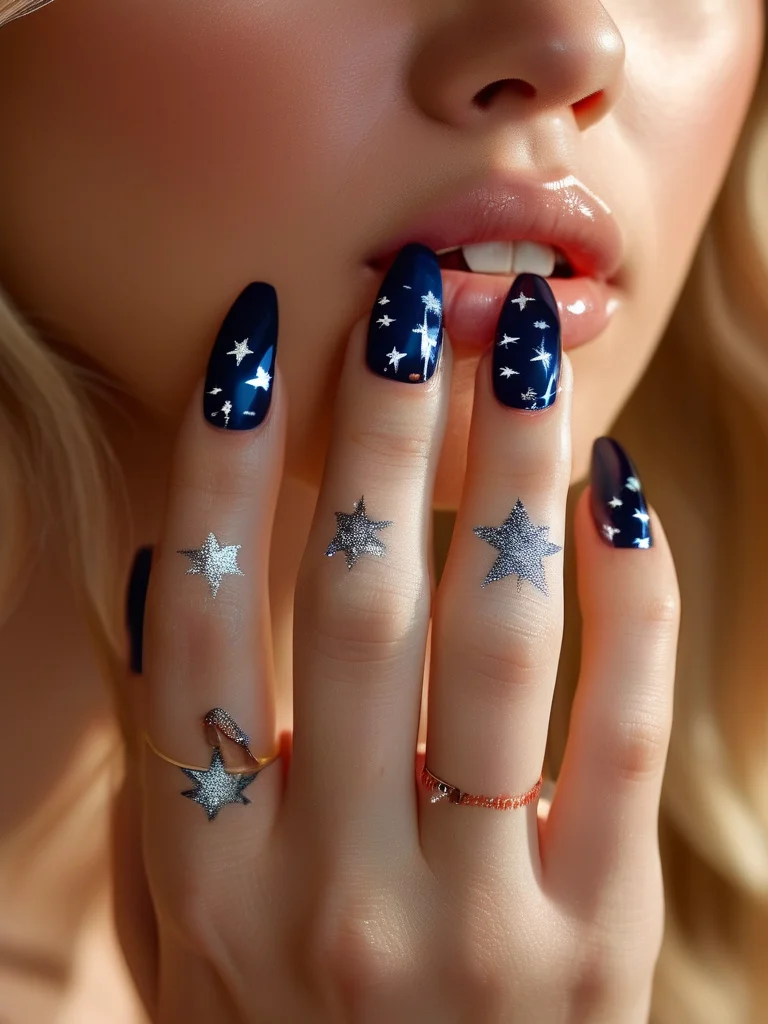 A close-up of a woman's hand with long stiletto nails painted a dark navy base, transitioning into a celestial-inspired silver glitter ombre with delicate white star and moon designs, all finished with a high-gloss topcoat for a whimsical prom look.