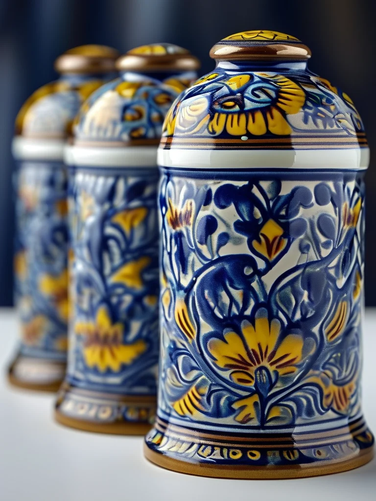 Short coffin nails with a high-gloss finish, showcasing a detailed Talavera tile-inspired design in rich cobalt blue, white, yellow, and green patterns.