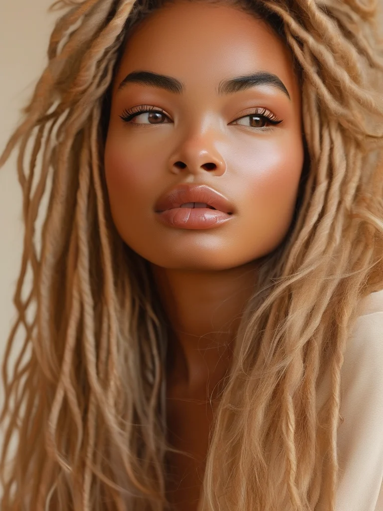 Unlock Your Ultimate Look: 7 Stunning Box Braid Styles to Inspire Your Next Transformation 4 A woman with ethereal goddess box braids, featuring long, warm caramel ombre braids beautifully interspersed with loose, curly strands. The blend of textures softly frames her face, captured under diffused natural light against an ethereal, blurred backdrop.