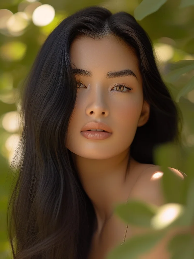 An outdoor editorial portrait of a woman with strikingly long, straight, jet-black hair, styled with a center part and an exceptionally sleek, shiny finish. The hair, reflecting soft morning light, is the focal point, emphasizing its smooth texture.
