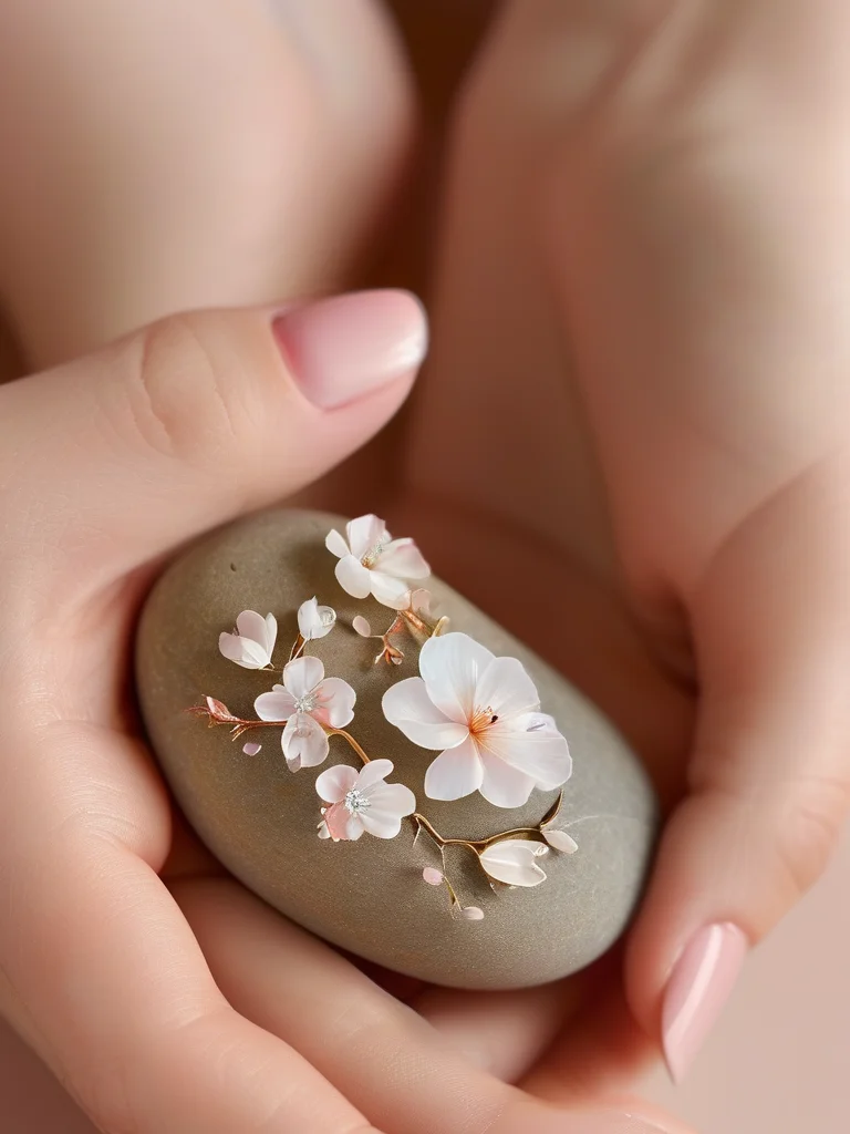 7 Unforgettable Spring Nail Ideas 2026: The Luxury Editor's Picks 4 Extreme macro close-up of a woman's hand holding a river stone. Her oval-shaped nails have a glossy nude base, with one accent nail featuring delicate hand-painted micro-floral designs in white and gold, resembling tiny elegant blossoms.