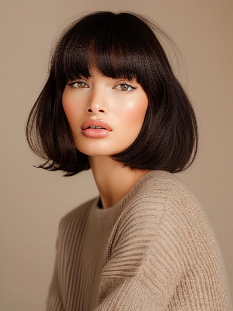 A woman showcasing a glossy dark brown French bob haircut, cut just above the chin, complemented by a soft, textured fringe that lightly skims her eyebrows. Natural window light gently illuminates her face and the healthy sheen of her hair, highlighting the harmonious balance of the cut.