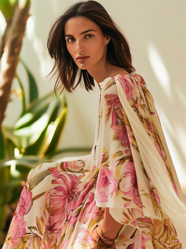 A woman in her early thirties stands elegantly in a lush botanical garden, wearing a beautiful white maxi dress adorned with small, colorful floral patterns. A soft cream knit cardigan is draped over her shoulders, and she completes the look with espadrille wedges and a small woven basket bag, embodying a gentle spring aesthetic.