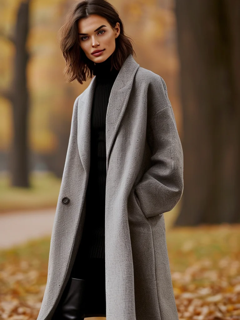 A woman looking stylish in an oversized charcoal blazer worn over a long black knit dress, finished with tall leather boots.