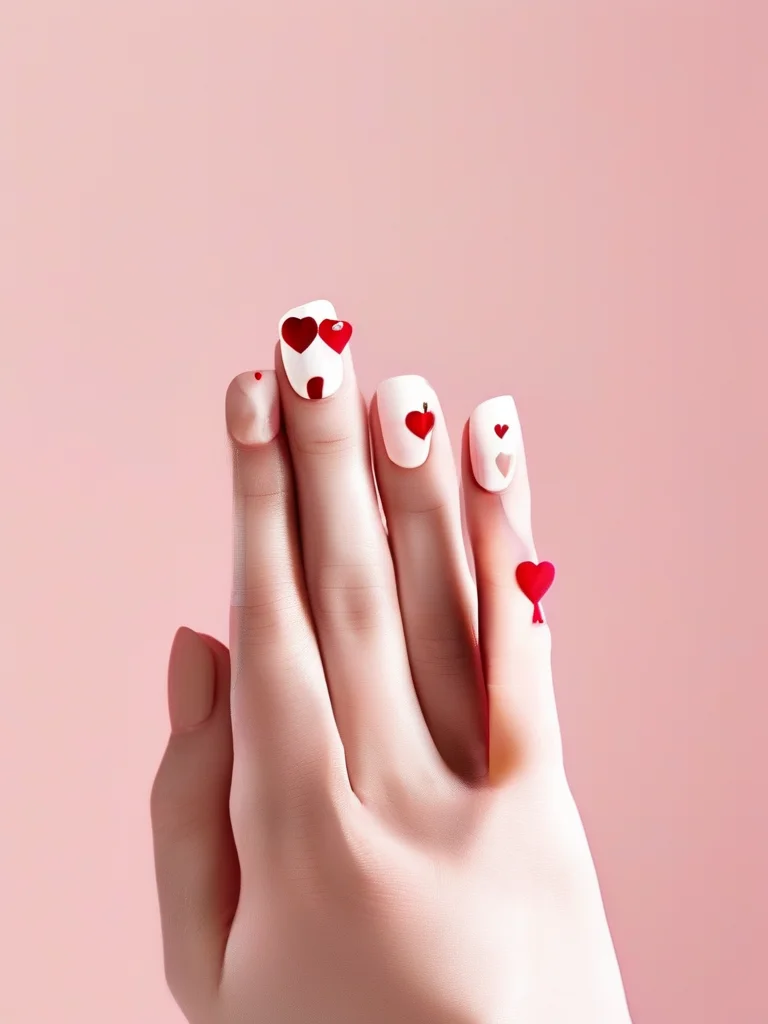 7 Viral Coquette Nail Designs You Need to Try This Season 4 Almond nails showing a soft pink gradient with tiny red heart motifs placed delicately on the surface of the nail polish.