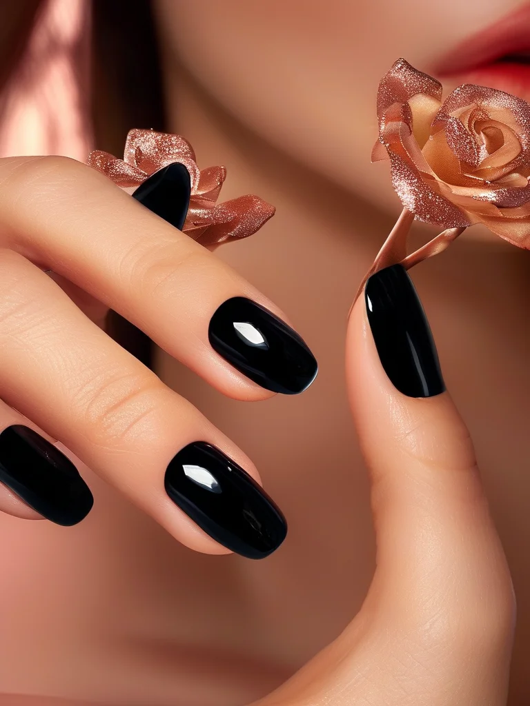 Close-up of matte black almond-shaped nails with a detailed, raised 3D red rose sculpture on the ring finger, creating a soft velvet texture effect.