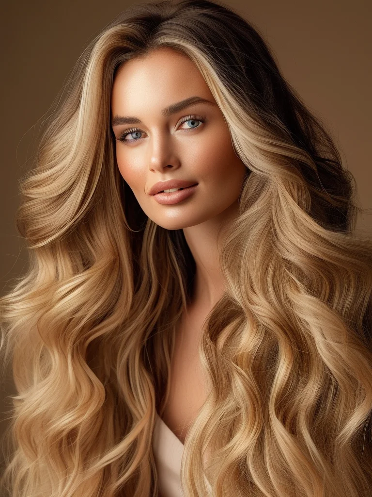 A woman with voluminous, curly hair showing distinct, thick ribbons of golden honey blonde highlights that contrast beautifully with her darker base color.