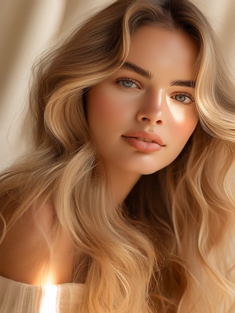 7 Viral Prom Makeup Tutorial Hacks to Guarantee You Slay the Dance Floor 4 A woman with soft, honey-blonde beach waves styled with volume and natural texture, captured in a professional editorial portrait.