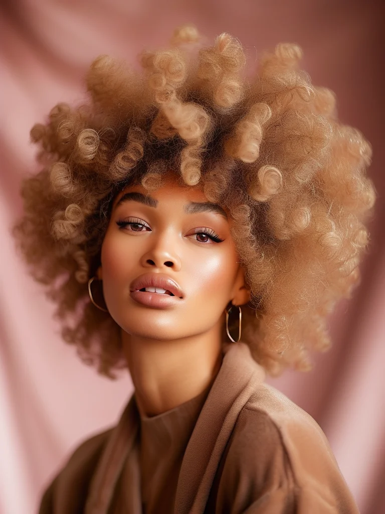A high-quality portrait of a person with tight 4C curls perfectly defined and dried. The shot emphasizes the volume and shape achieved through careful diffusing.