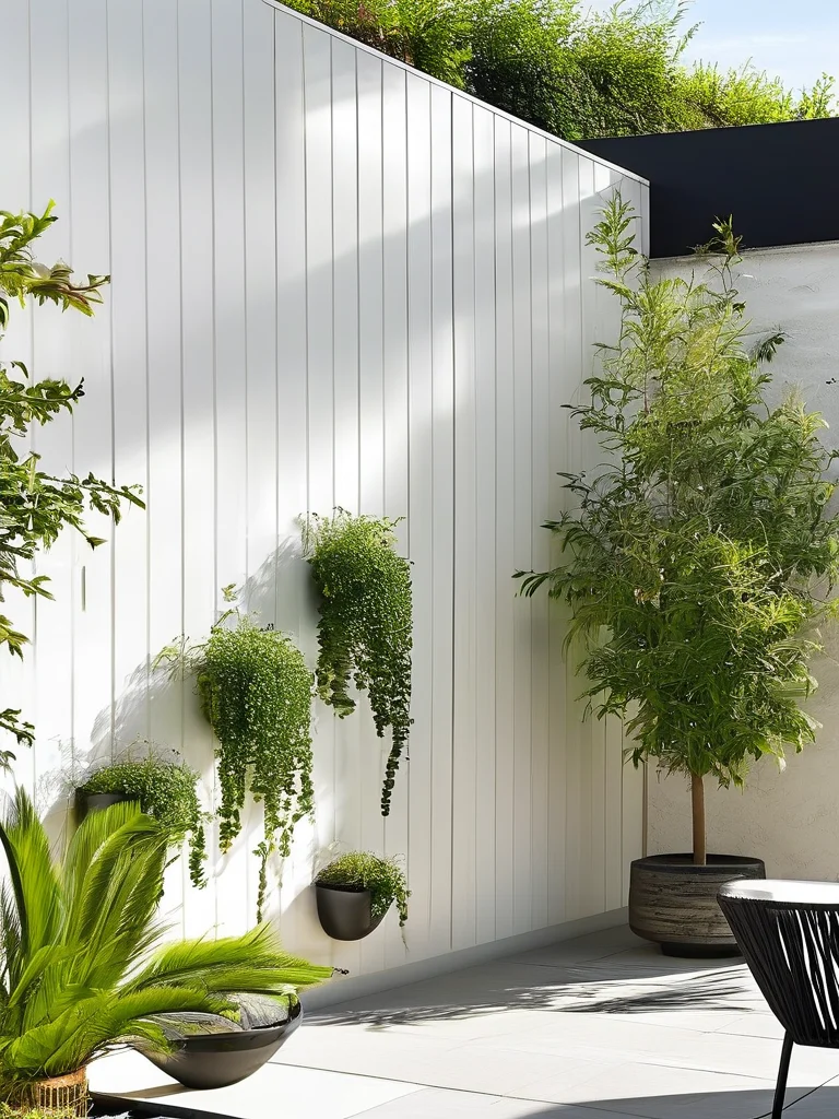 A sleek, slim black ladder trellis leaning against a white wall on a modern patio, supporting green cucumber vines with minimalist plant styling.