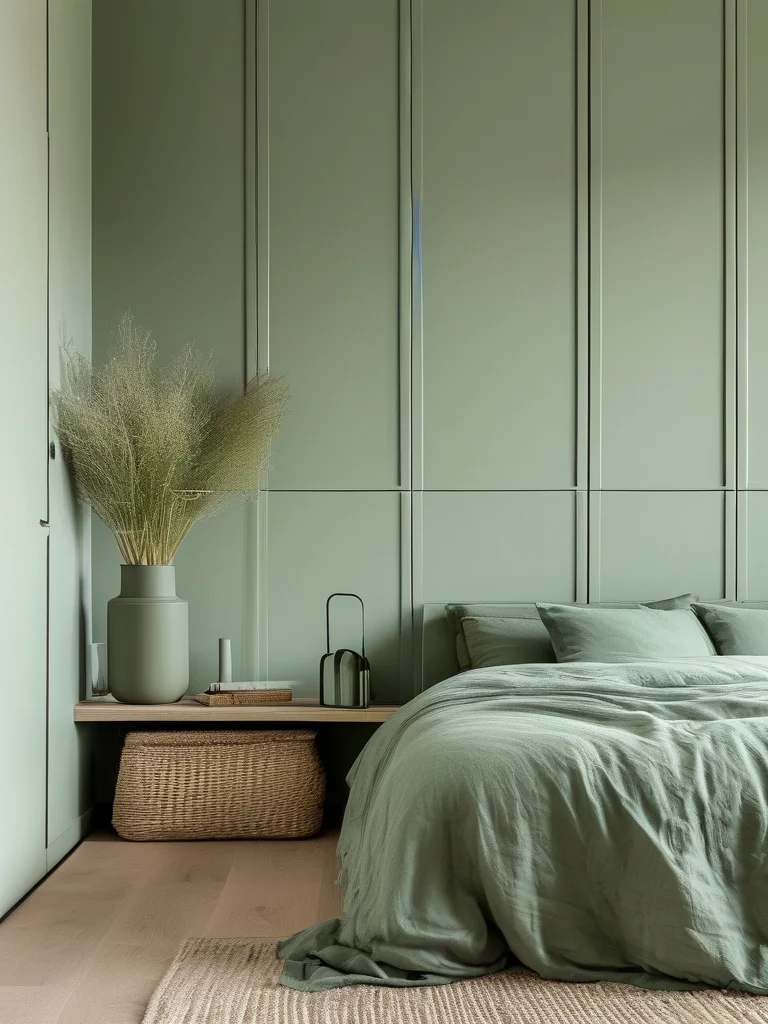 7 Viral Reasons Why the Color Drenching Bedroom Trend Is Taking Over 4 A small bedroom in sage green where built-in furniture and walls are painted the same color to maximize space and minimize visual clutter.