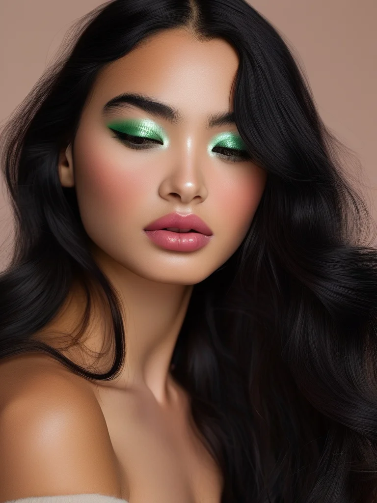 A woman with elegant jet-black finger waves. Her soft glam makeup is accented by a luminous emerald green eyeliner on the lower lash line, alongside flawless skin and a soft berry lip.