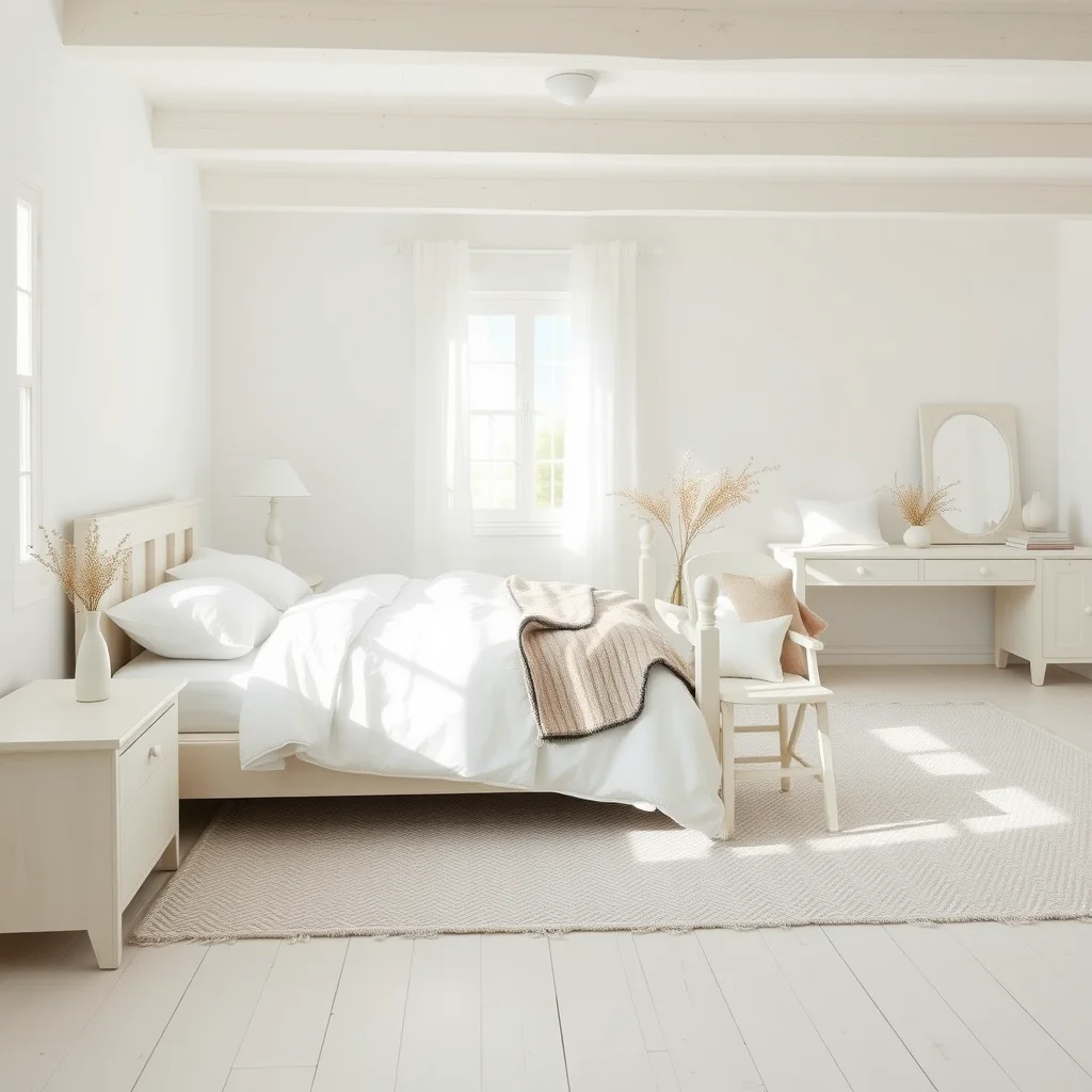 A bright, monochromatic white bedroom interior showcasing subtle texture differences in the bedding to create visual interest.