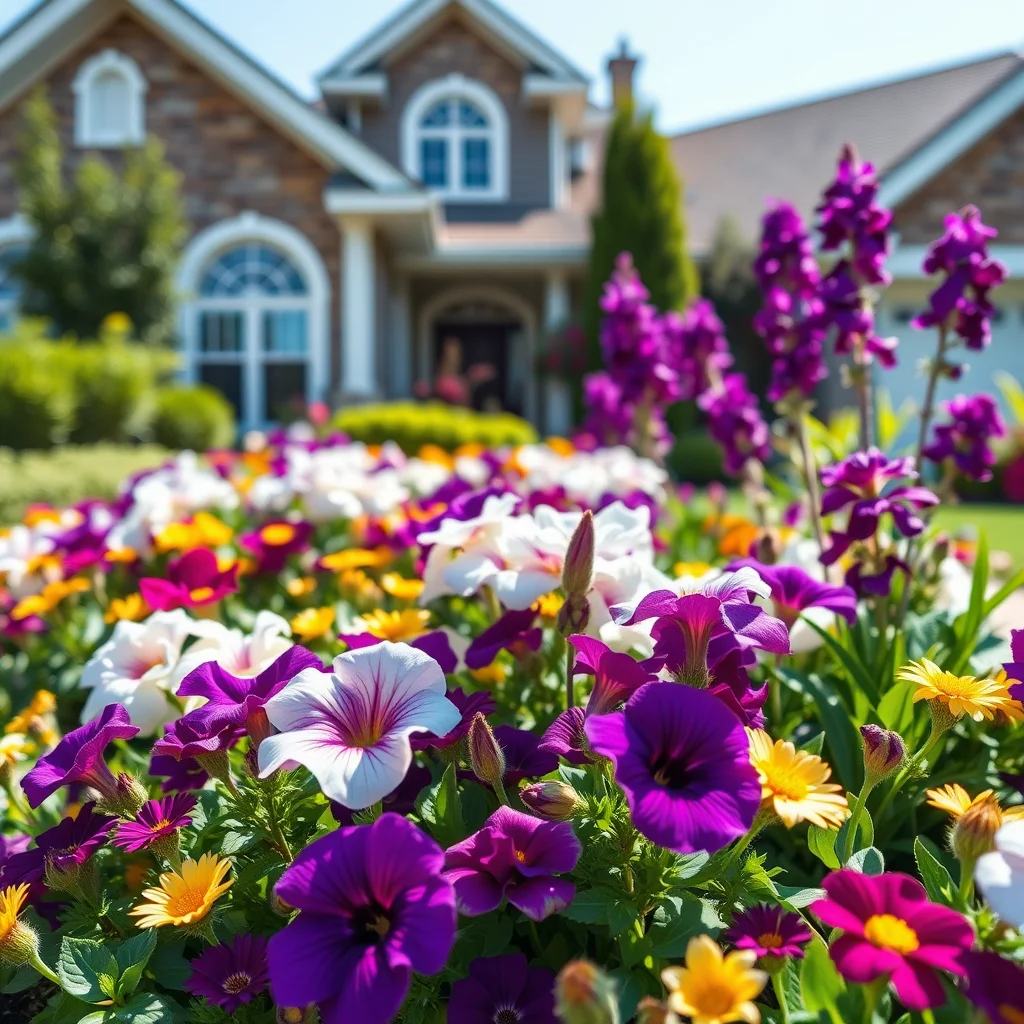 A carefully curated flower bed using a color palette of purple, white, and yellow to create visual interest.