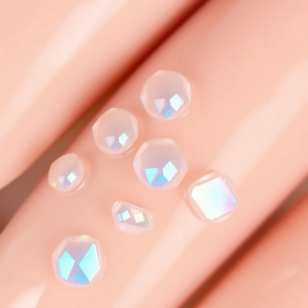 Nude pink almond nails featuring 3D clear gel drops that encapsulate tiny pearls inside.