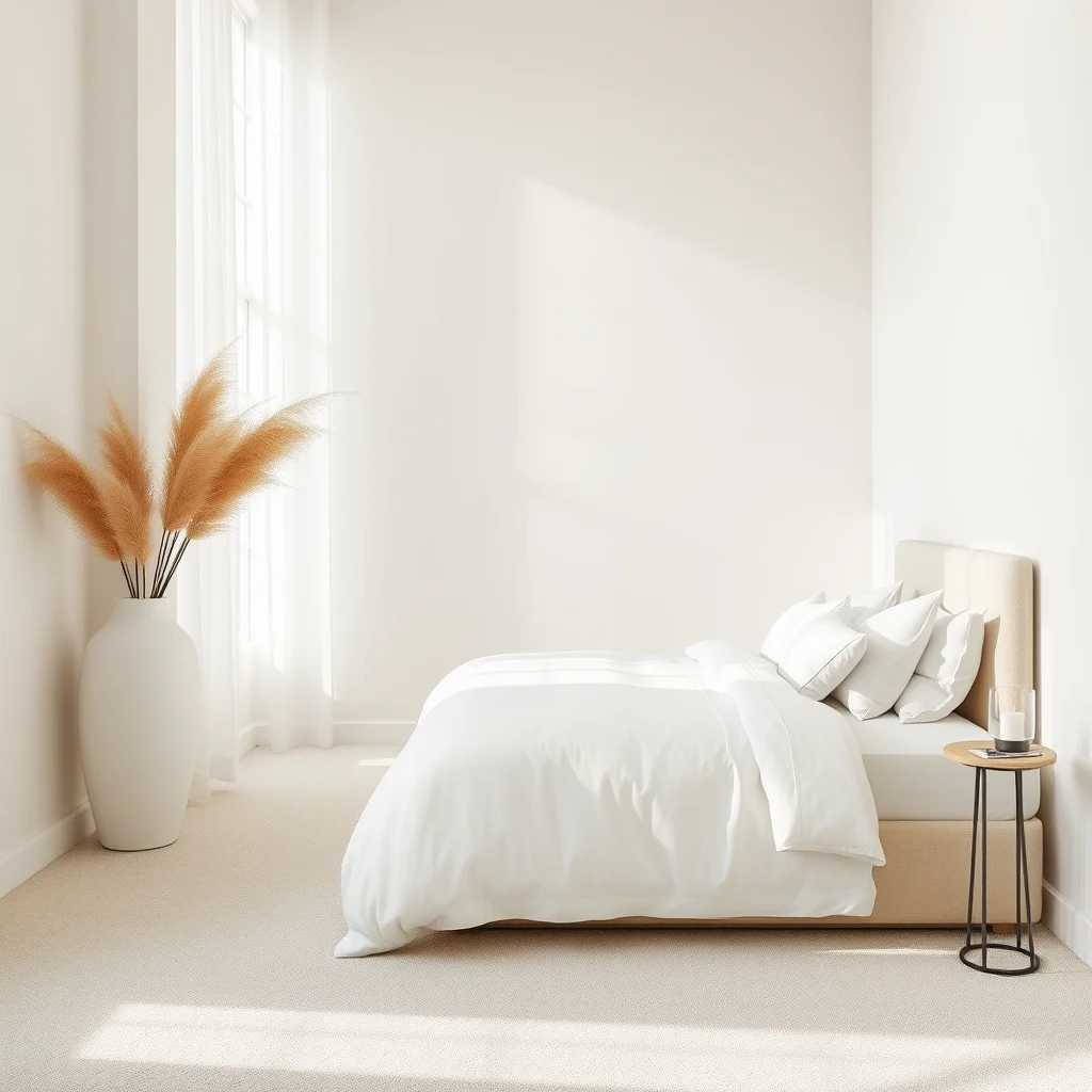 A serene bedroom interior showcasing the subtle differences between off-white walls and crisp white bedding, creating depth through shade variety.