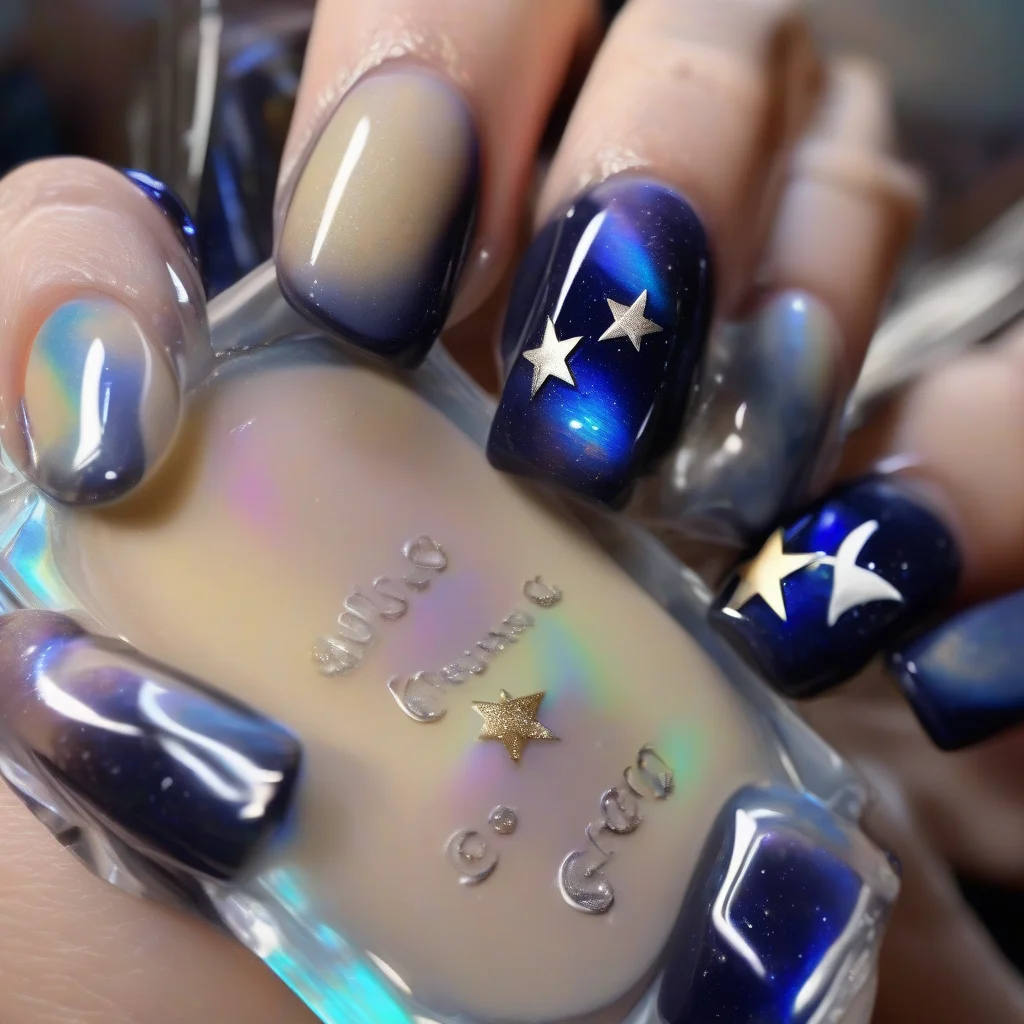 9 Viral Back to School Nail Art Trends to Ace Your Semester Style 4 Macro view of indigo almond nails featuring holographic silver star and moon designs, captured with a high-gloss finish while holding a chilled coffee glass.