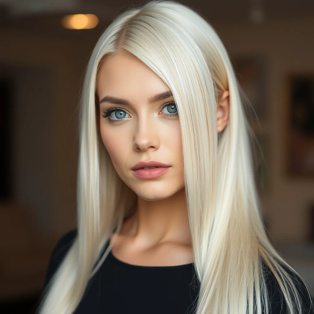 7 Lip Liner Tutorial Secrets for the Perfect Pout 4 A close-up shot of a woman with long, pin-straight platinum blonde hair featuring blunt ends, shot in soft, even indoor lighting.