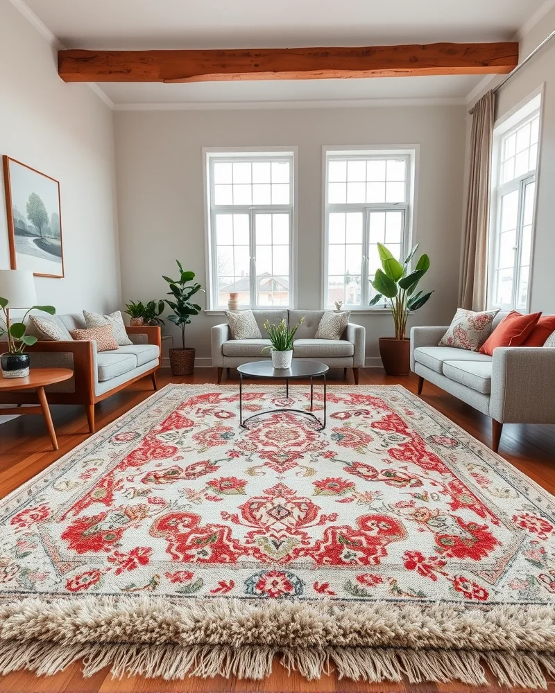 A beautifully styled living room featuring a large, intricate Persian rug that acts as the focal point of the floor space.