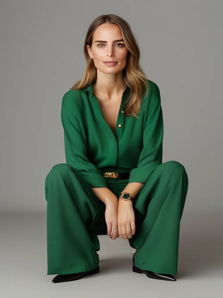 A poised woman in a minimalist studio wears high-waisted, flowing off-white wide-leg crepe trousers paired with a vibrant emerald green silk button-down blouse, half-tucked. Her professional look is accessorized with a slim gold belt, black loafers, and a wristwatch.