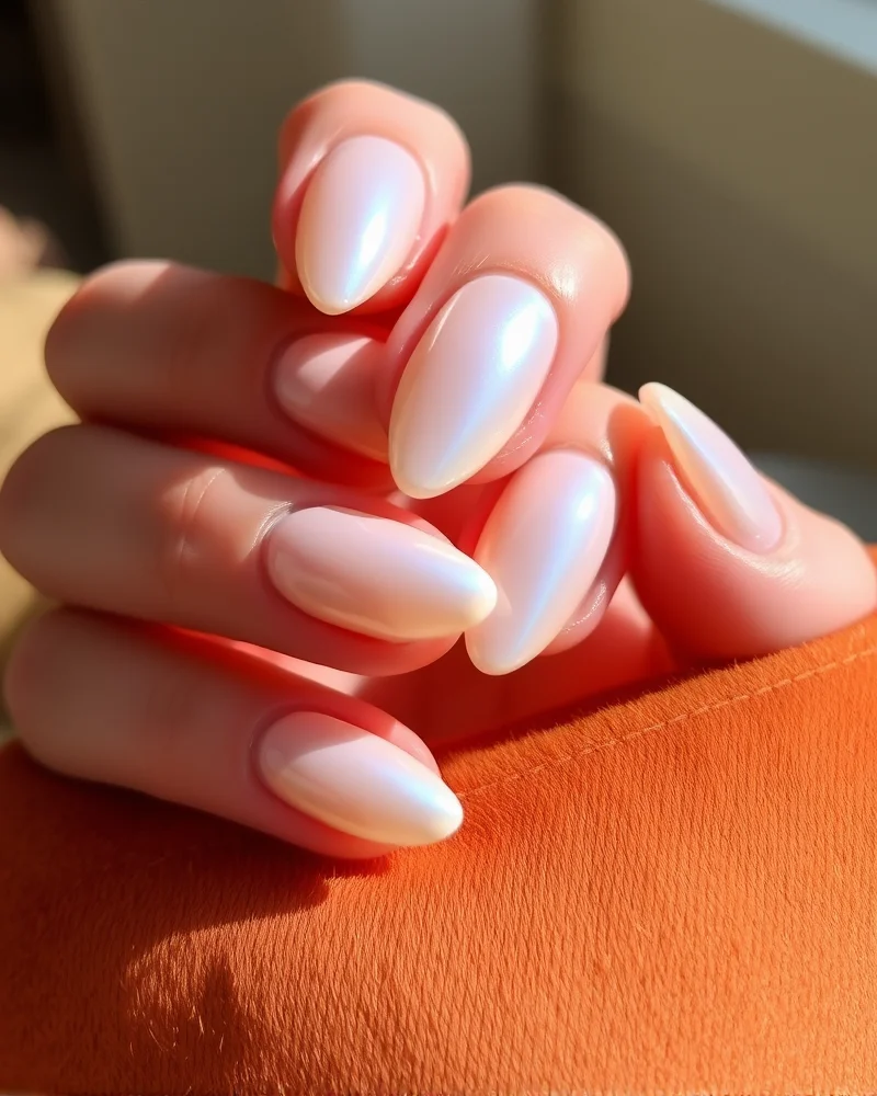 Almond-shaped nails finished with a subtle, pearlescent glazed chrome powder for a glowing effect.