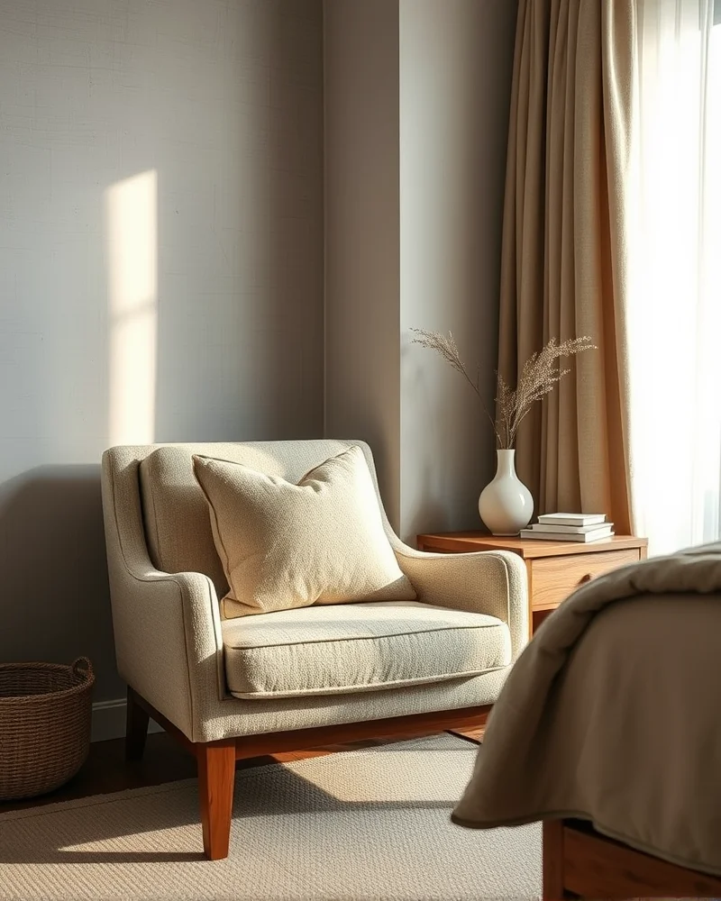 A close-up of a Japandi bedroom featuring a textured oatmeal boucle chair, a natural wood nightstand, and linen drapery catching soft morning light.