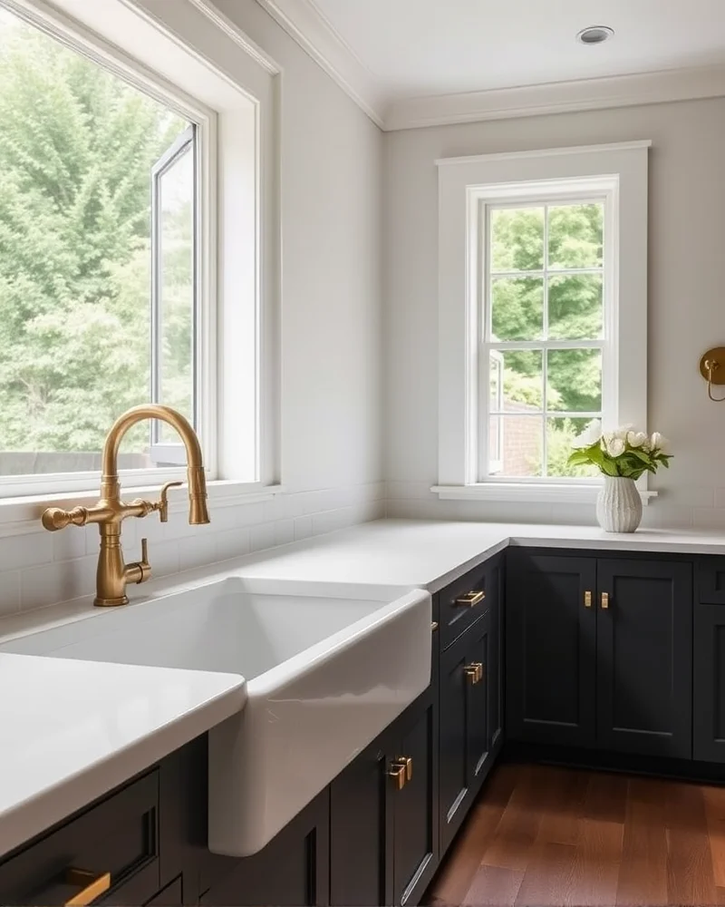 7 Viral Farmhouse Kitchen Decor Trends That Will Transform Your Home 4 A classic white ceramic farmhouse sink with a polished brass bridge faucet set against a bright, tiled kitchen backsplash.