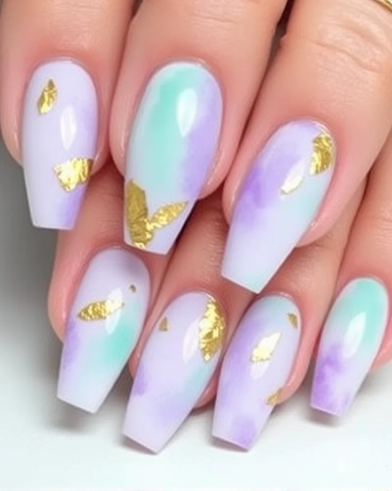 7 Dreamy Watercolor Nail Art Designs You Need to Try This Season 4 Medium coffin-shaped nails with a delicate watercolor base of lavender and mint, highlighted by luxurious gold leaf flakes.