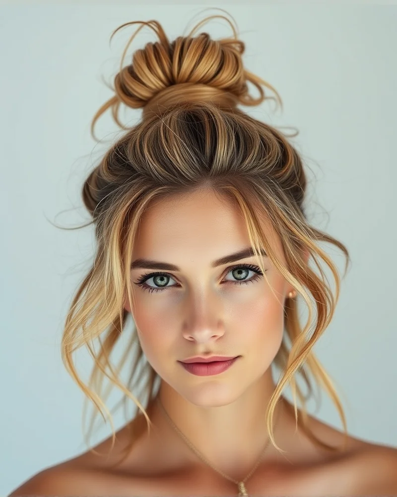 7 Effortless Messy Bun Hairstyle Hacks for an Instant Glow-Up 4 A person with beachy, wavy hair pulled into an undone top-knot style. The hair has a natural, wavy texture that appears soft and voluminous.