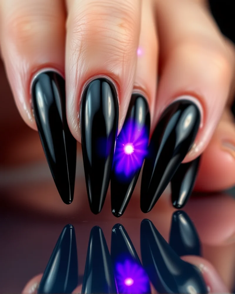 Stiletto nails painted black with a glowing purple aura chrome pigment in the center, showing a high-shine reflective finish.