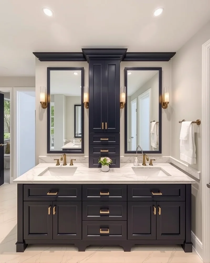 A large luxury bathroom with a double vanity, marble countertops, and ample storage space for two people.