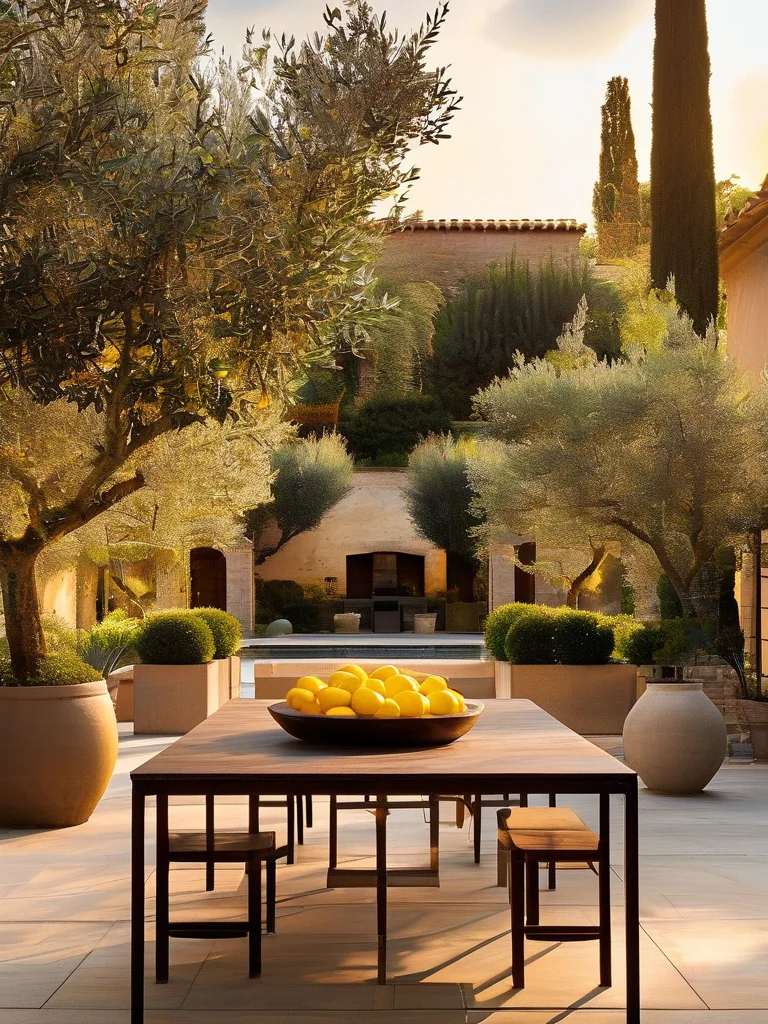A sun-drenched Mediterranean patio with a wrought-iron dining table adorned with a vibrant centerpiece of whole lemons, bougainvillea, and olive branches in a terracotta bowl. Potted citrus trees and rustic chairs complete the inviting outdoor scene bathed in golden hour light.