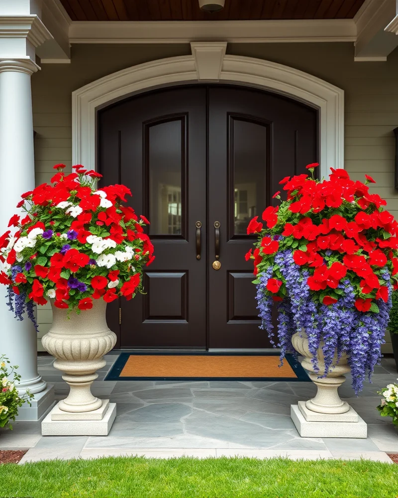 A luxury front porch with two large stone urns overflowing with a mix of red geraniums, white petunias, and blue lobelia, framed by a manicured garden setting.