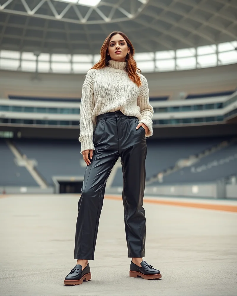 Woman wearing faux leather pants and a chunky knit sweater, perfect for a chilly outdoor sporting event.