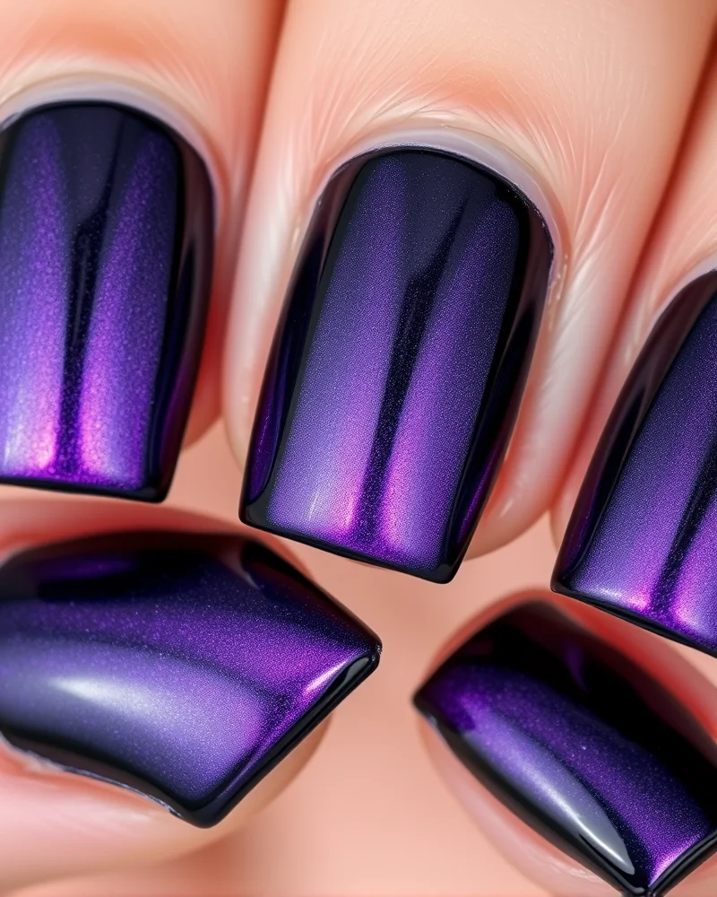 Square-shaped nails featuring a black base with an iridescent purple and blue color-shifting chrome powder finish.