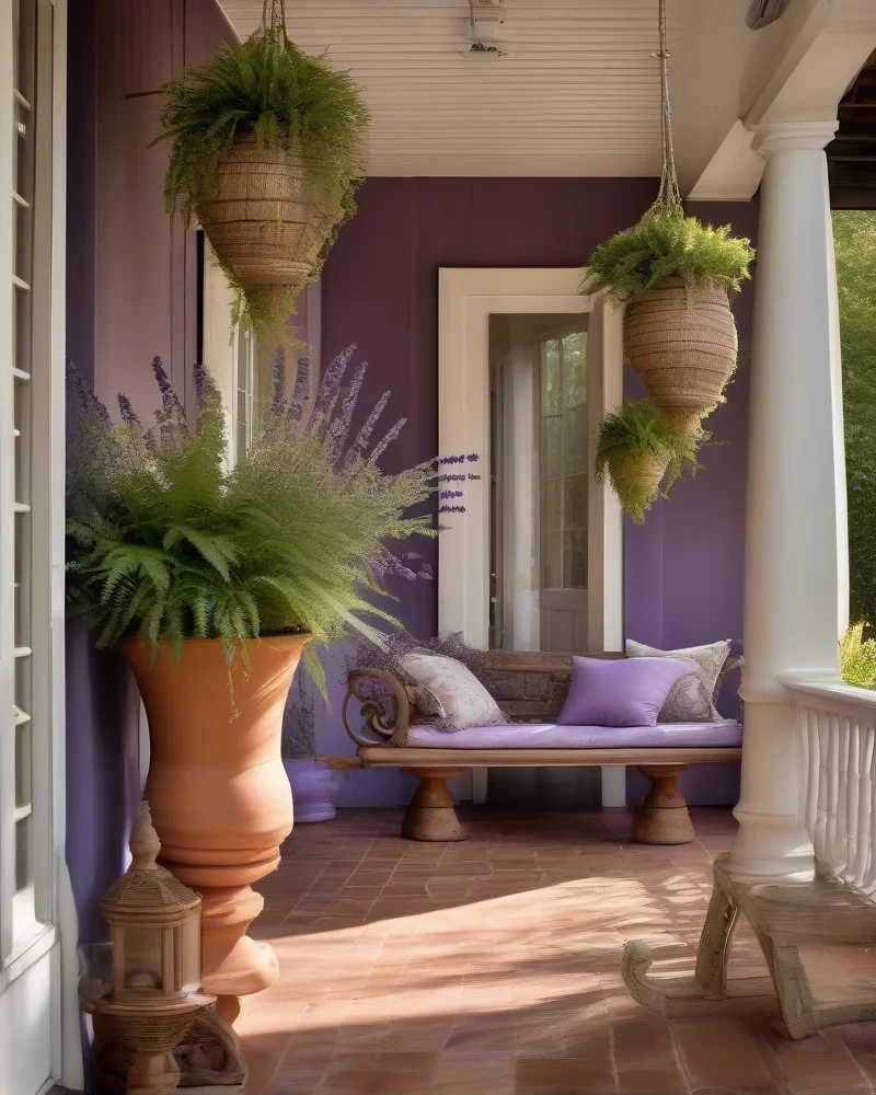 9 Summer Front Porch Decor Ideas That Will Make Your Neighbors Jealous 4 Tall ceramic planters filled with lush green ferns and purple lavender arranged symmetrically around a grand wooden entrance.