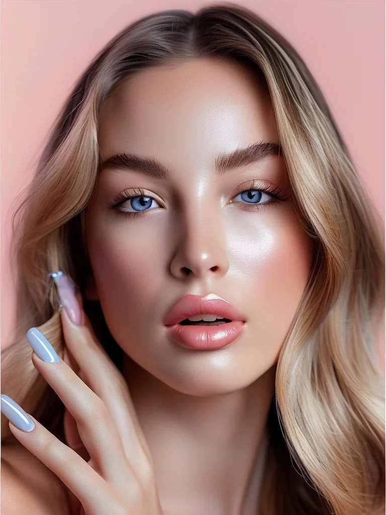Close-up of glossy coffin nails showcasing a soft gradient French fade. A sheer milky white base seamlessly transitions into a light baby blue tip, creating a dreamy ombre effect perfect for spring.