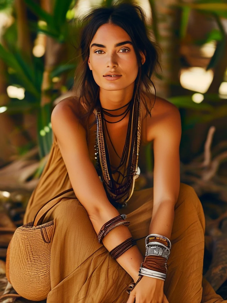 A free-spirited woman in a terracotta flowing maxi dress and suede boots, showcasing a lively stack of bohemian bracelets made of beads, leather, and engraved silver. She's holding a woven straw bag in an outdoor setting with green foliage.