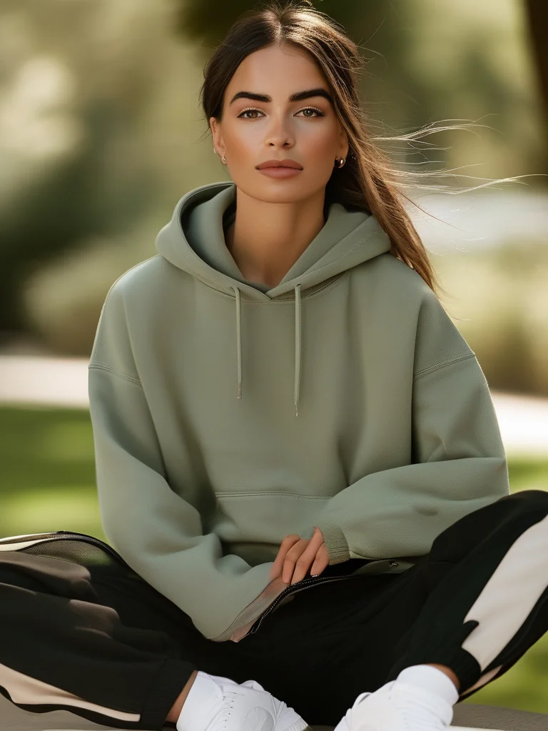 A woman showcases a relaxed athleisure baseball game outfit featuring matching sage green shorts and hoodie, white dad sneakers, and a black belt bag.