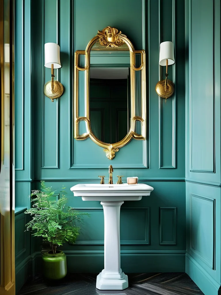 A chic small powder room showcasing a striking large, ornate gold-framed mirror above a compact pedestal sink. Two elegant wall sconces flank the mirror, emitting a warm, diffused light against deep teal walls, creating an intimate and luxurious ambiance.