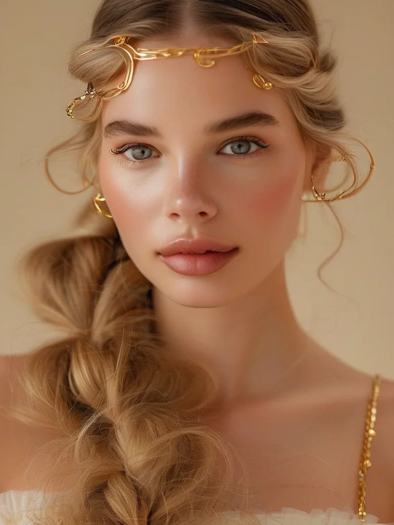 20+ Stunning Goddess Braid Styles to Elevate Your Look 5 A close-up editorial shot highlighting honey-blonde goddess braids embellished with delicate gold cuffs and rings. The braids are immaculately styled and pulled back, with the metallic accessories gleaming under soft studio lighting, adding a touch of luxury.