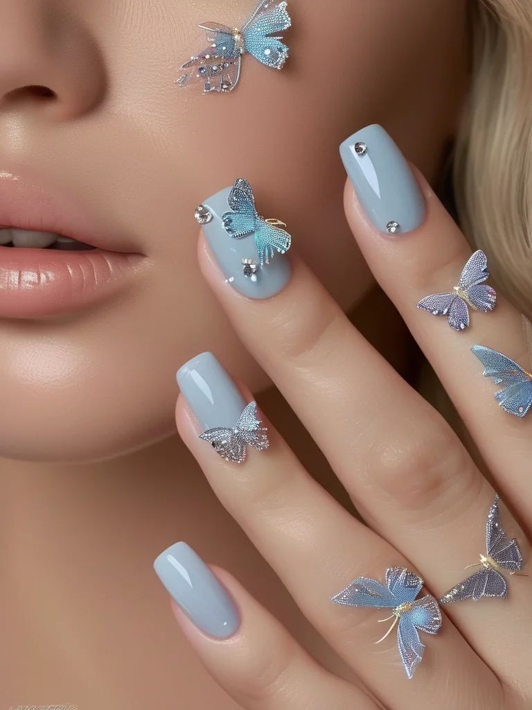 Close-up of a woman's medium oval nails painted in a soft, glossy baby blue. On two accent nails, small, intricately formed butterfly shapes are created using tiny silver micro-beads and sparkling clear rhinestones, highlighting the elegant embellishments.