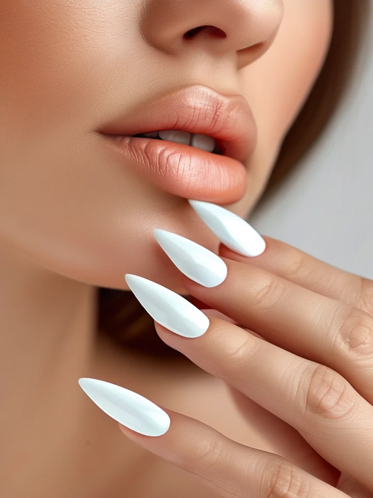 Sharp stiletto nails coated in a flawless, highly reflective white chrome finish, creating a futuristic and glamorous statement for prom.